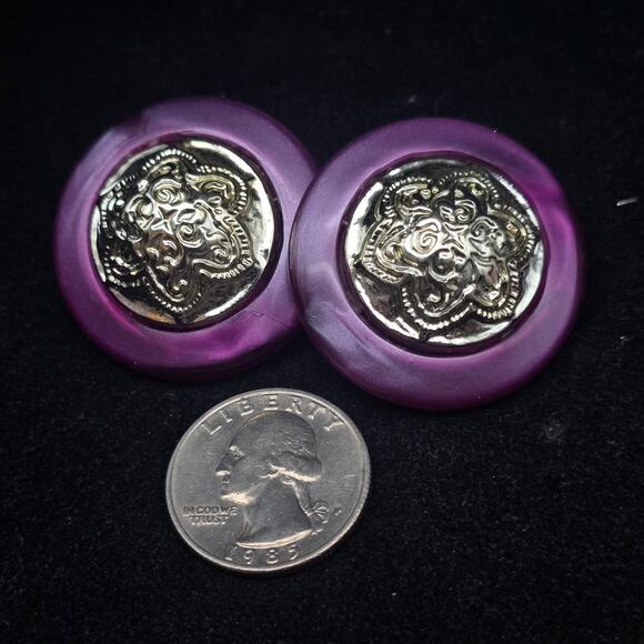 Marbled Purple Acrylic Medallion Earrings Clip On Vintage 1980s Jewelry - Picture 5 of 6